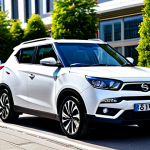 ** A stylish SsangYong Tivoli in a modern city setting, fully clothed people admiring the car, professional car photography, safe for work, appropriate content, modest, family-friendly, perfect anatomy, natural proportions.

**