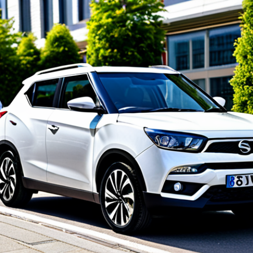 Home 9 ** A stylish SsangYong Tivoli in a modern city setting, fully clothed people admiring the car, professional car photography, safe for work, appropriate content, modest, family-friendly, perfect anatomy, natural proportions.
**