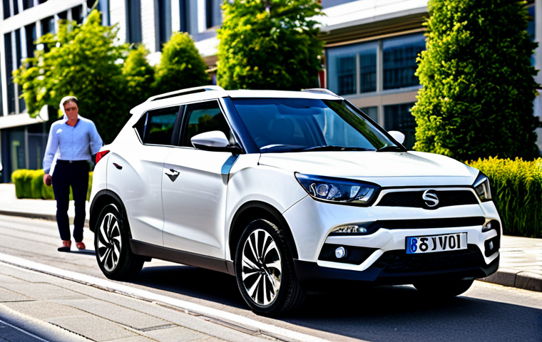 ** A stylish SsangYong Tivoli in a modern city setting, fully clothed people admiring the car, professional car photography, safe for work, appropriate content, modest, family-friendly, perfect anatomy, natural proportions.

**